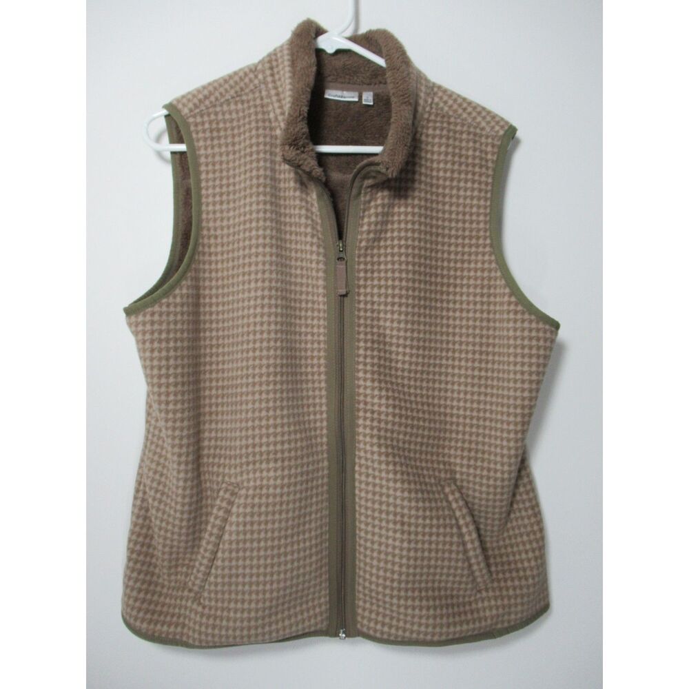 Croft & Barrow Women’s Tan & Brown Houndstooth Fleece Full-Zip Vest Size Large